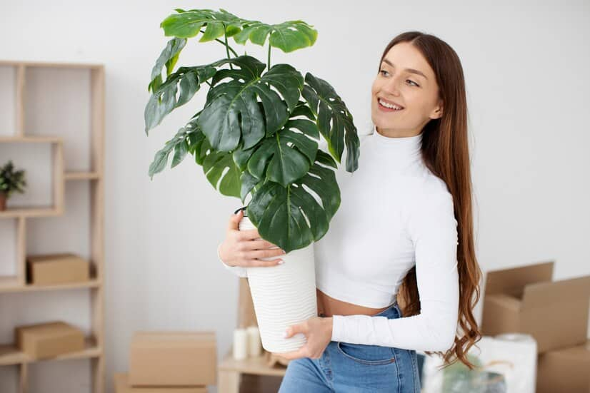 La Fille Tient un Monstera Dans ses Mains